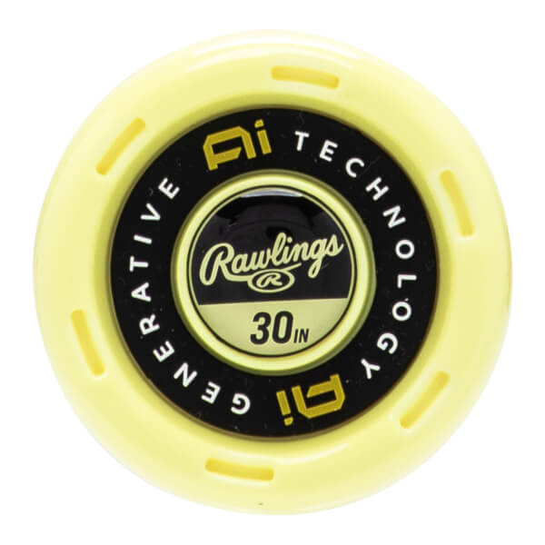 Top-down view of a yellow bat end cap with a black center displaying Rawlings, 30 IN, and AI TECHNOLOGY.