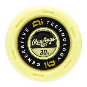 Top-down view of a yellow bat end cap with a black center displaying Rawlings, 30 IN, and AI TECHNOLOGY.