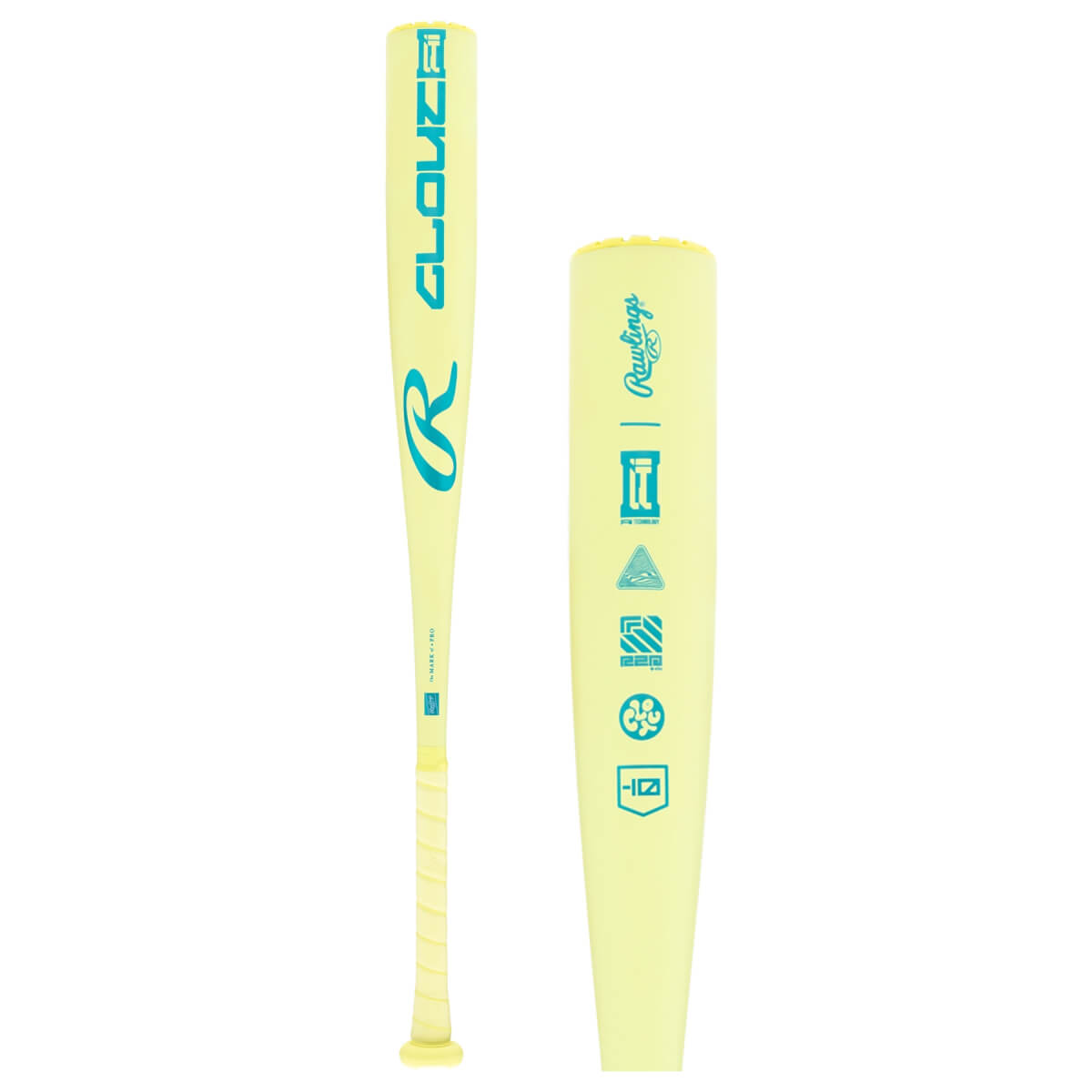 Two-sided view of a light yellow baseball bat with blue CLOUT AI and Rawlings branding, plus a textured grip.