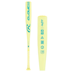 Two-sided view of a light yellow baseball bat with blue CLOUT AI and Rawlings branding, plus a textured grip.