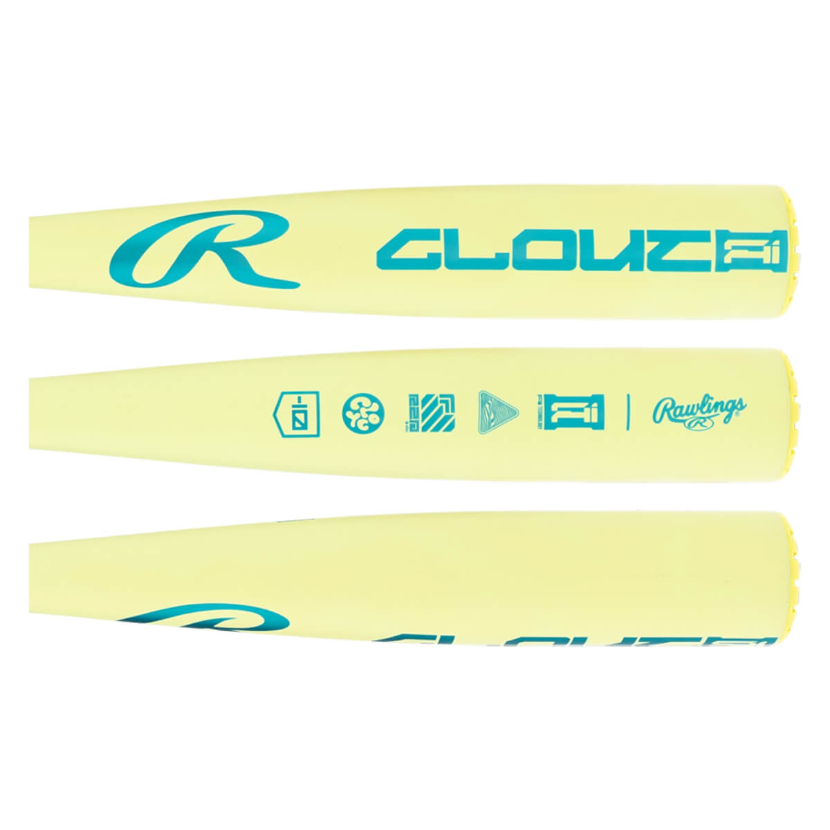 Layout view of a light yellow baseball bat with teal Rawlings R logo, CLOUT AI text, and various AI-themed icons.