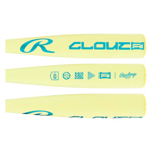 Layout view of a light yellow baseball bat with teal Rawlings R logo, CLOUT AI text, and various AI-themed icons.
