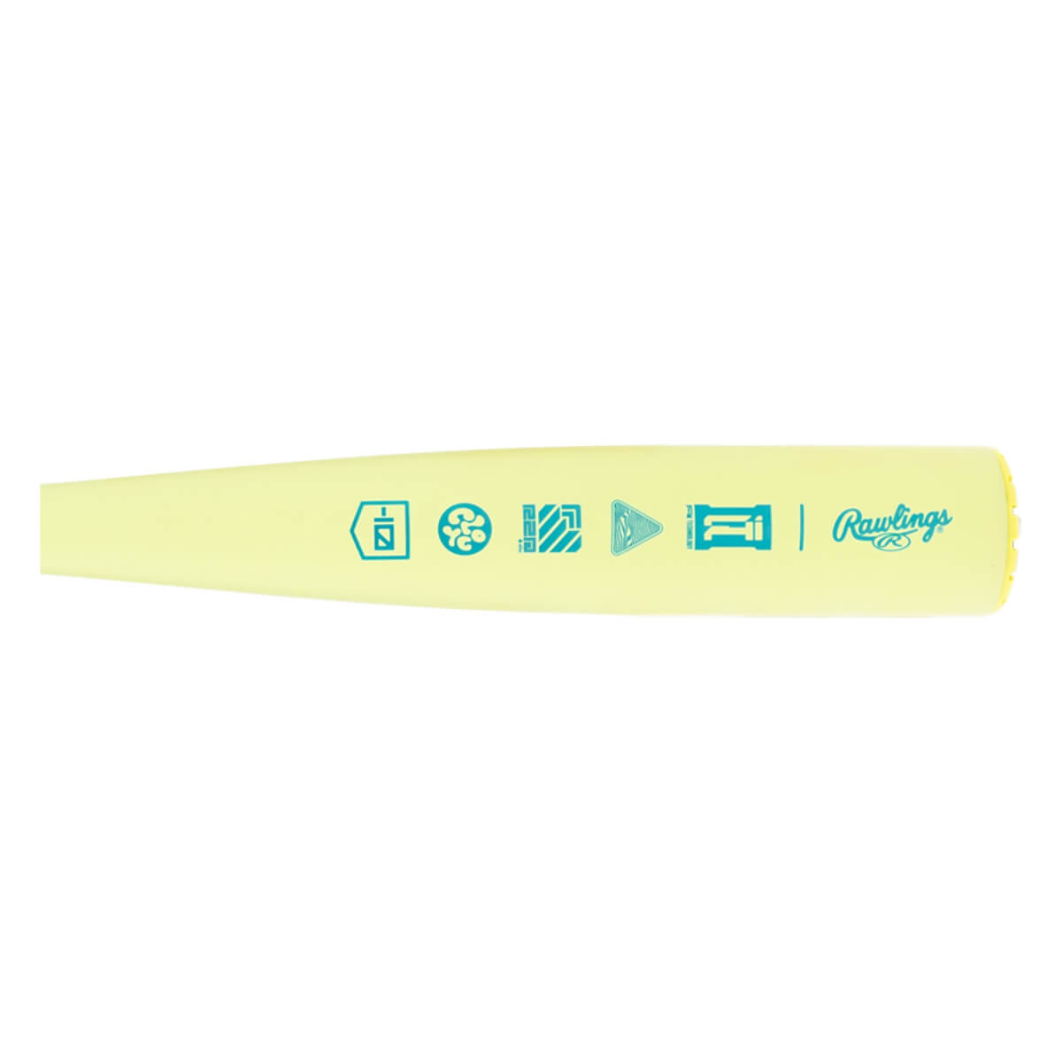 Side view of a pale yellow baseball bat with multiple teal graphic icons and Rawlings branding.