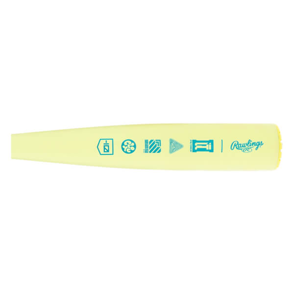 Side view of a pale yellow baseball bat with multiple teal graphic icons and Rawlings branding.