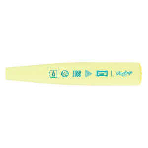 Side view of a pale yellow baseball bat with multiple teal graphic icons and Rawlings branding.