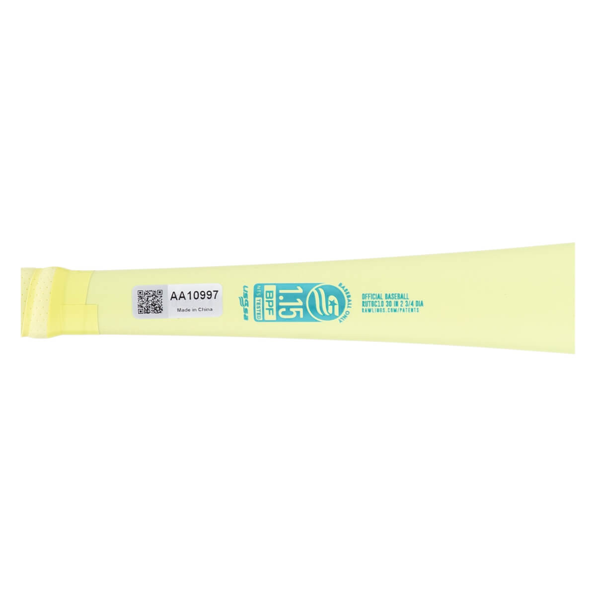 Close-up of a light yellow baseball bat barrel with a light blue USSSA 1.15 BPF stamp and a QR code.