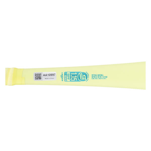 Close-up of a light yellow baseball bat barrel with a light blue USSSA 1.15 BPF stamp and a QR code.