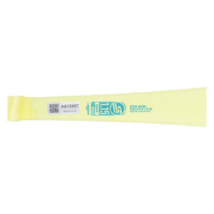 Close-up of a light yellow baseball bat barrel with a light blue USSSA 1.15 BPF stamp and a QR code.