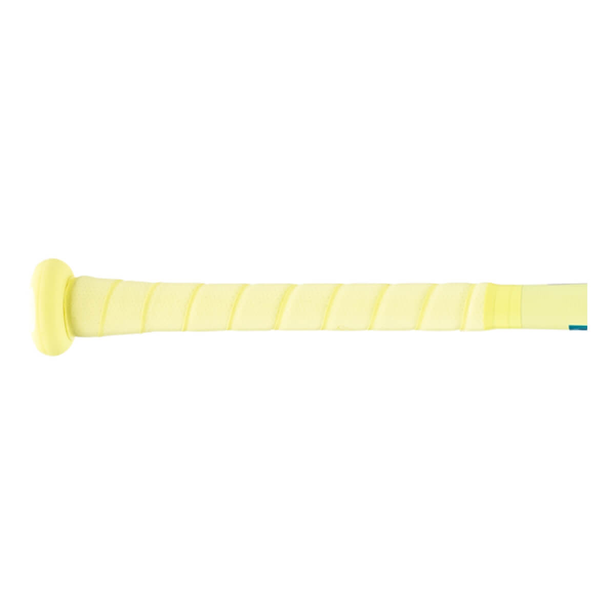 Side view of a pale yellow baseball bat handle with a spiral-wrapped grip and a flared knob.