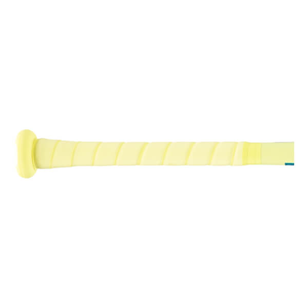 Side view of a pale yellow baseball bat handle with a spiral-wrapped grip and a flared knob.