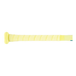 Side view of a pale yellow baseball bat handle with a spiral-wrapped grip and a flared knob.