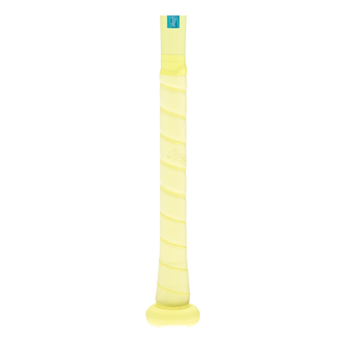 Close-up of a light yellow baseball bat grip with spiral wrap, a blue tag, and a flared knob.