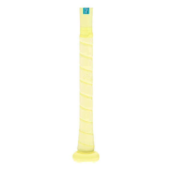 Close-up of a light yellow baseball bat grip with spiral wrap, a blue tag, and a flared knob.