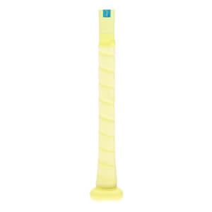 Close-up of a light yellow baseball bat grip with spiral wrap, a blue tag, and a flared knob.