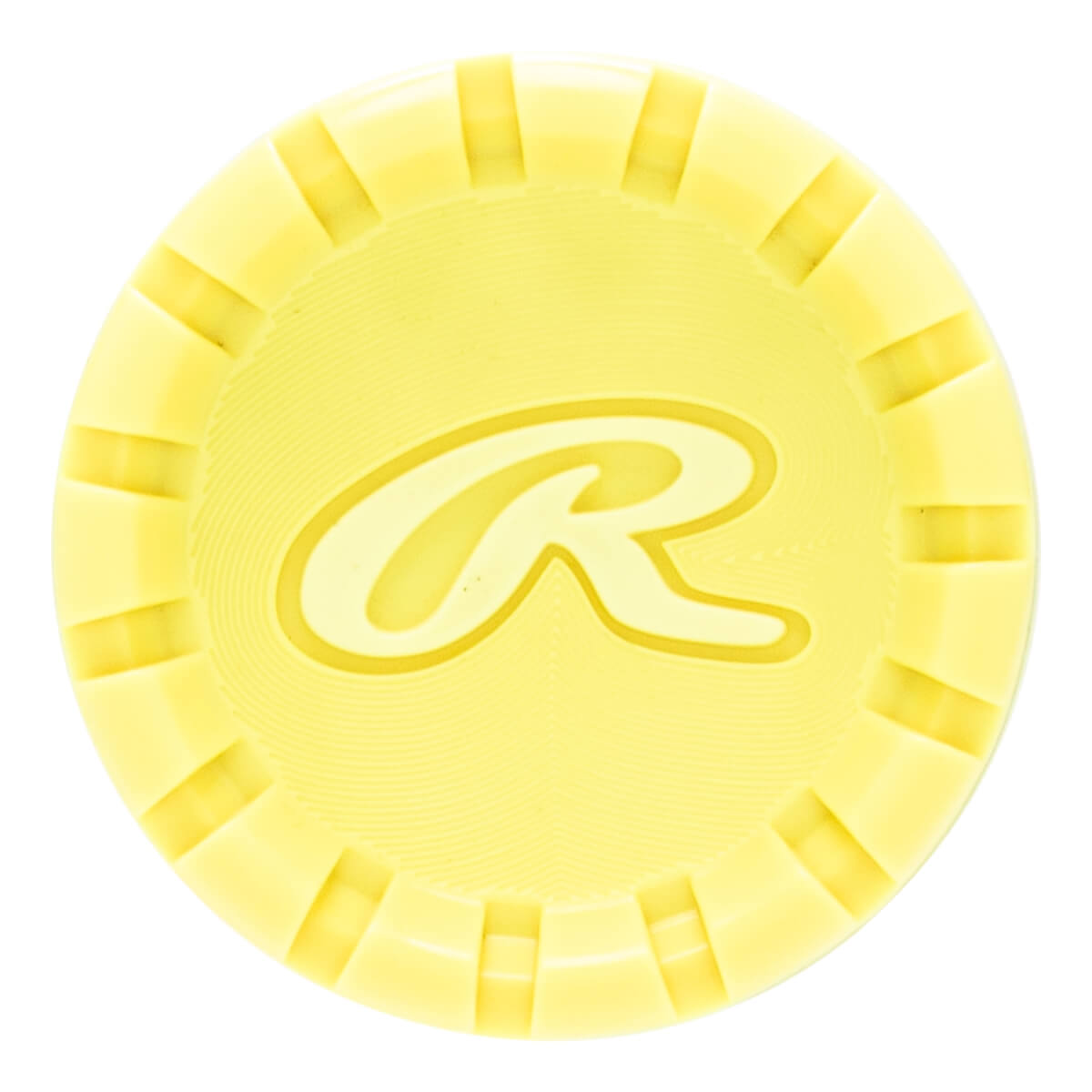 Top-down close-up of a yellow baseball bat end cap with a raised Rawlings R logo and a ribbed, textured edge.