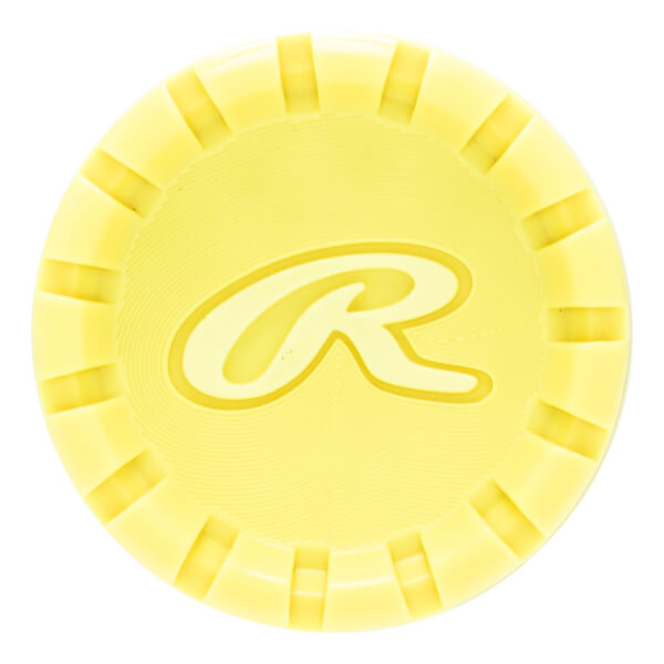 Top-down close-up of a yellow baseball bat end cap with a raised Rawlings R logo and a ribbed, textured edge.