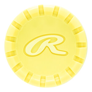 Top-down close-up of a yellow baseball bat end cap with a raised Rawlings R logo and a ribbed, textured edge.