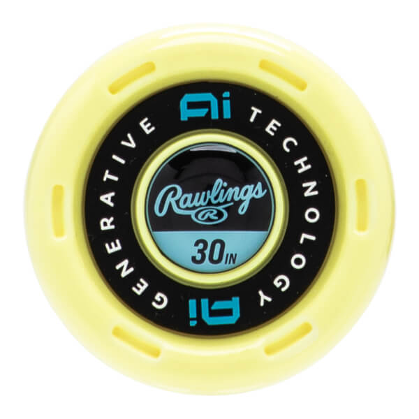 End cap view of a yellow baseball bat end cap with a black center, Rawlings logo, and AI GENERATIVE TECHNOLOGY text.