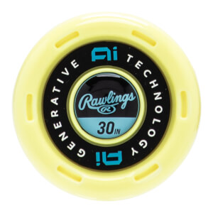 End cap view of a yellow baseball bat end cap with a black center, Rawlings logo, and AI GENERATIVE TECHNOLOGY text.