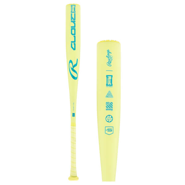 Side view of a light yellow baseball bat with blue Rawlings branding, USSSA stamp, and a wrapped grip.