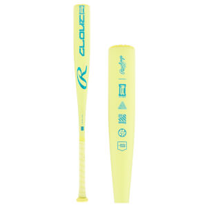 Side view of a light yellow baseball bat with blue Rawlings branding, USSSA stamp, and a wrapped grip.