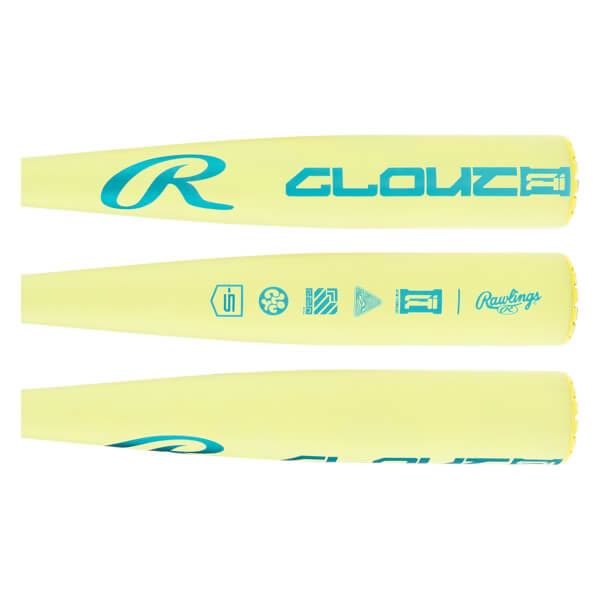 Barrel sections of a light yellow baseball bat with teal R logo, CLOUT AI text, and USSSA stamp.