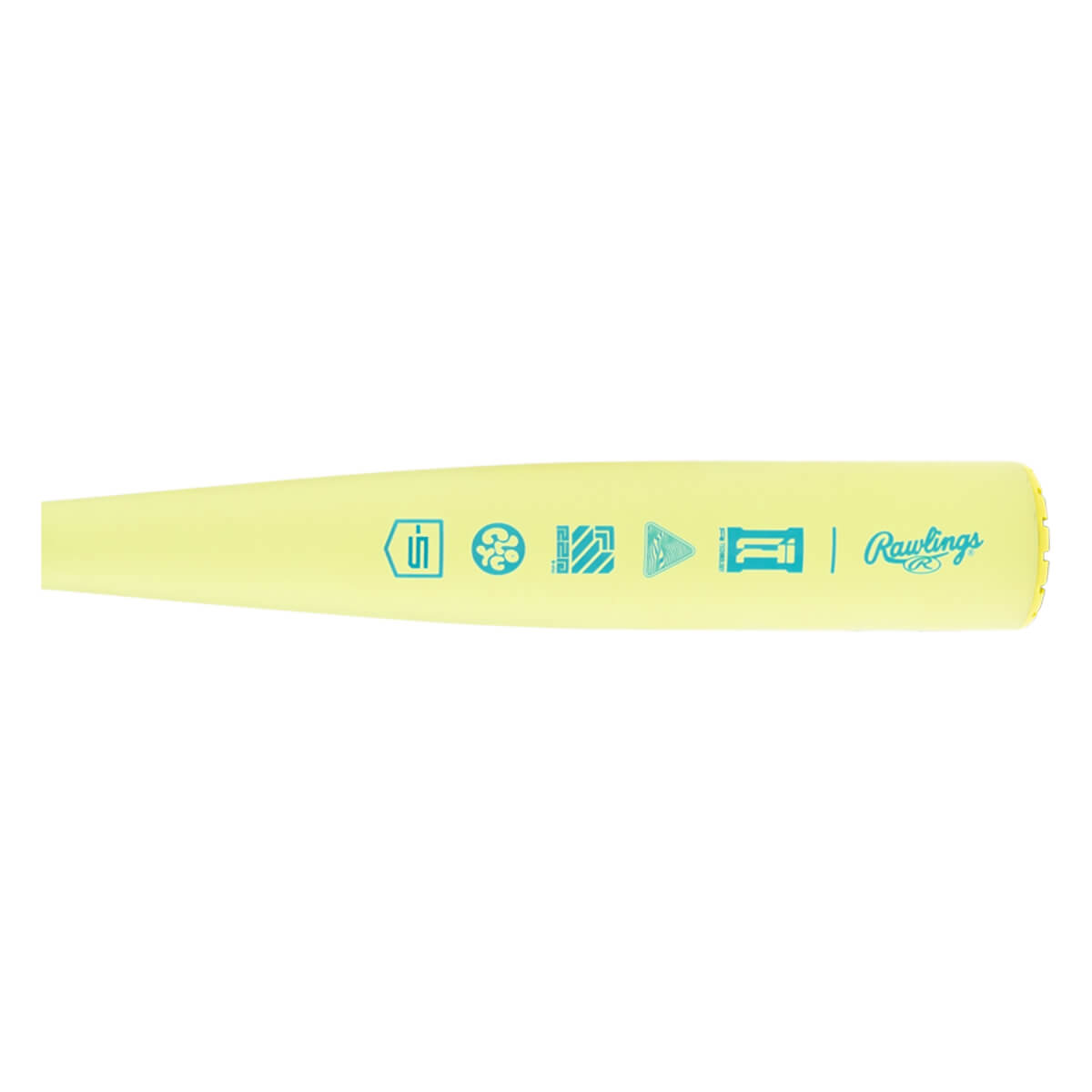 Close-up of a pale yellow baseball bat with teal graphic icons and a Rawlings logo printed on the barrel.