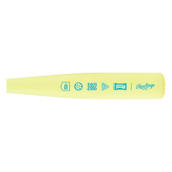 Close-up of a pale yellow baseball bat with teal graphic icons and a Rawlings logo printed on the barrel.