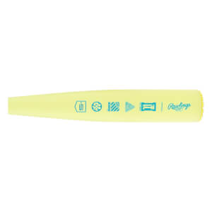 Close-up of a pale yellow baseball bat with teal graphic icons and a Rawlings logo printed on the barrel.