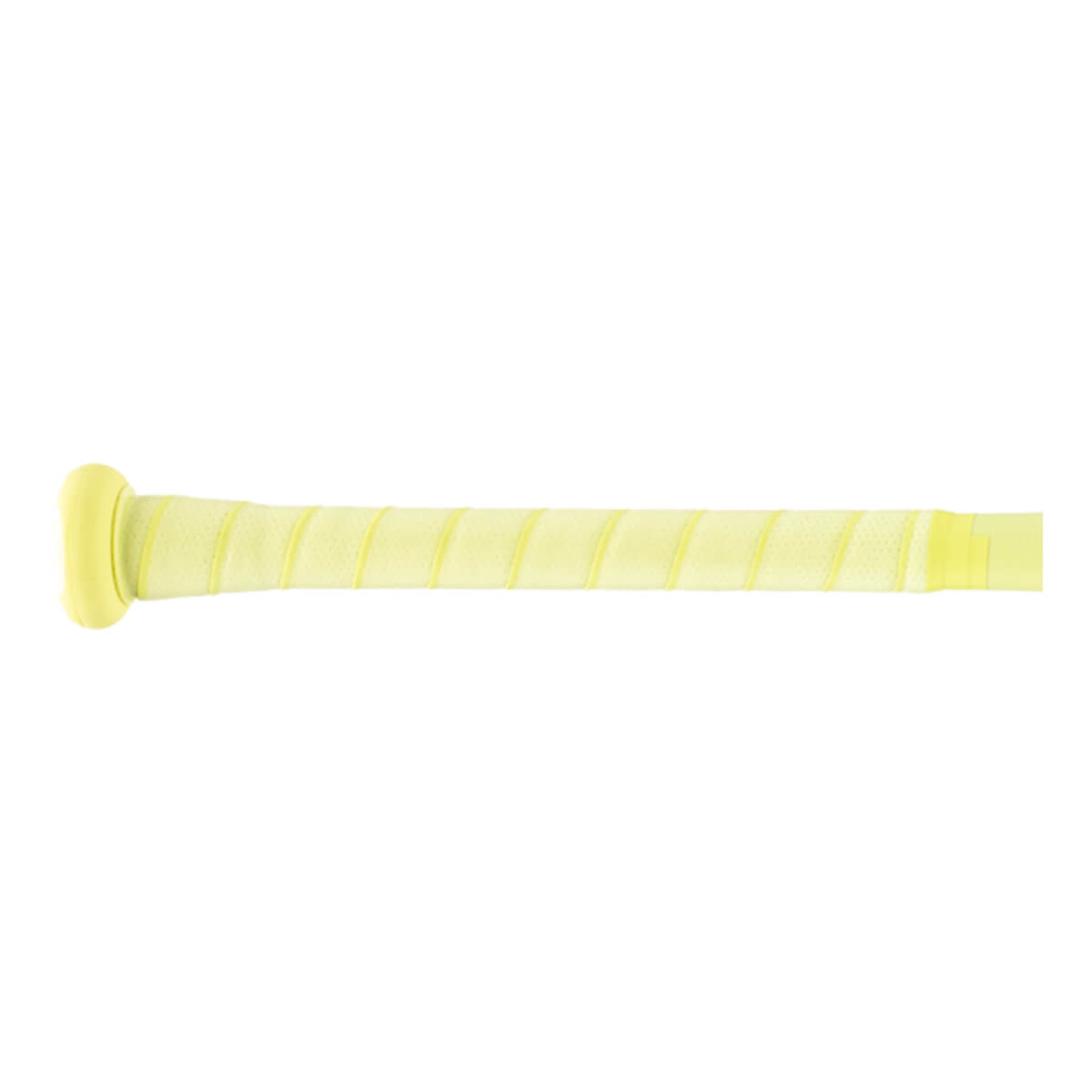 Side view of a light yellow baseball bat handle with a spiraled grip wrap and a flared knob.