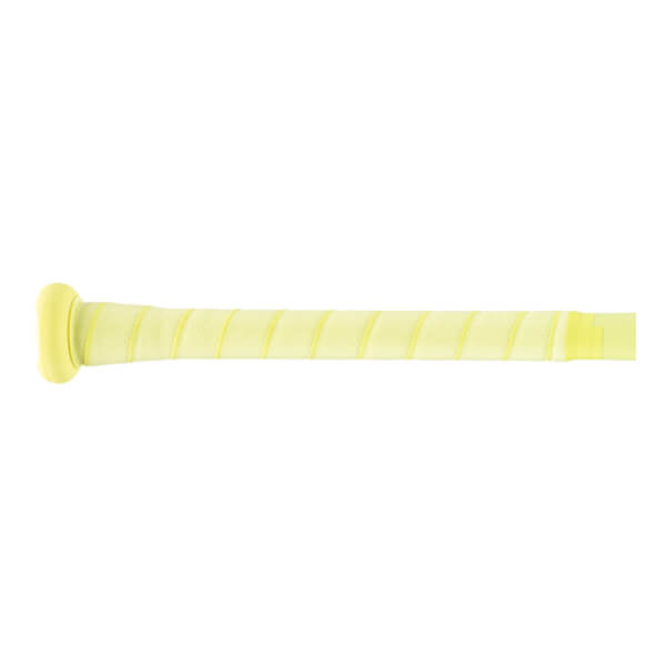 Side view of a light yellow baseball bat handle with a spiraled grip wrap and a flared knob.