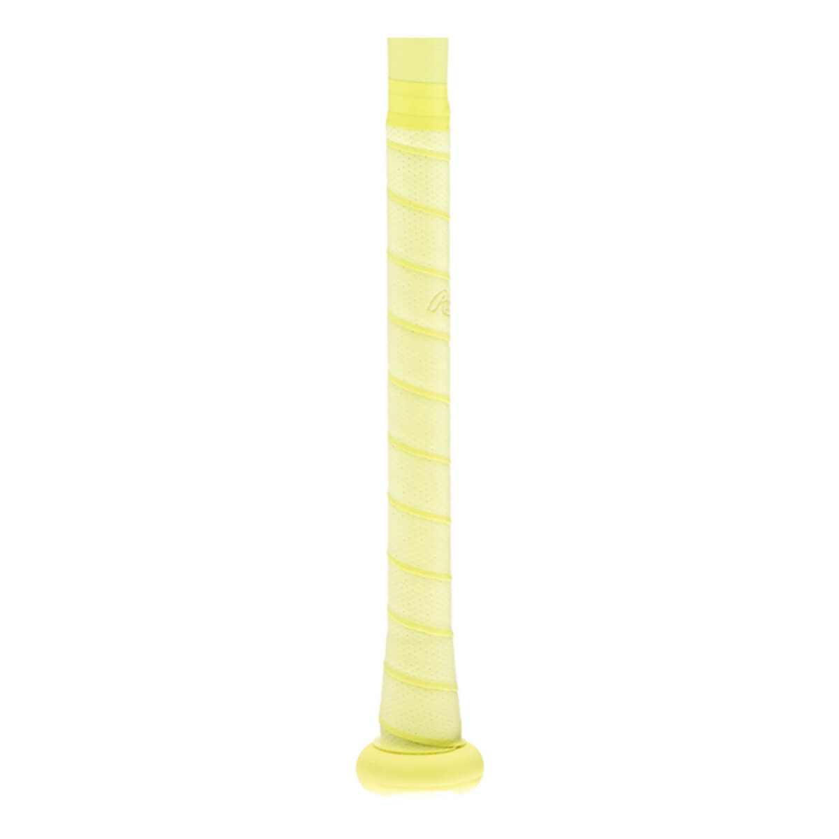 Close-up of the light yellow baseball bat handle with spiraled grip tape, a subtle R logo, and a flared knob.