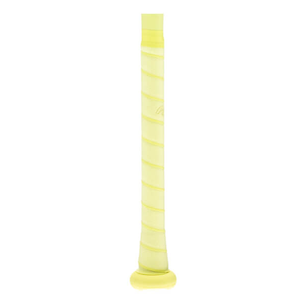 Close-up of the light yellow baseball bat handle with spiraled grip tape, a subtle R logo, and a flared knob.
