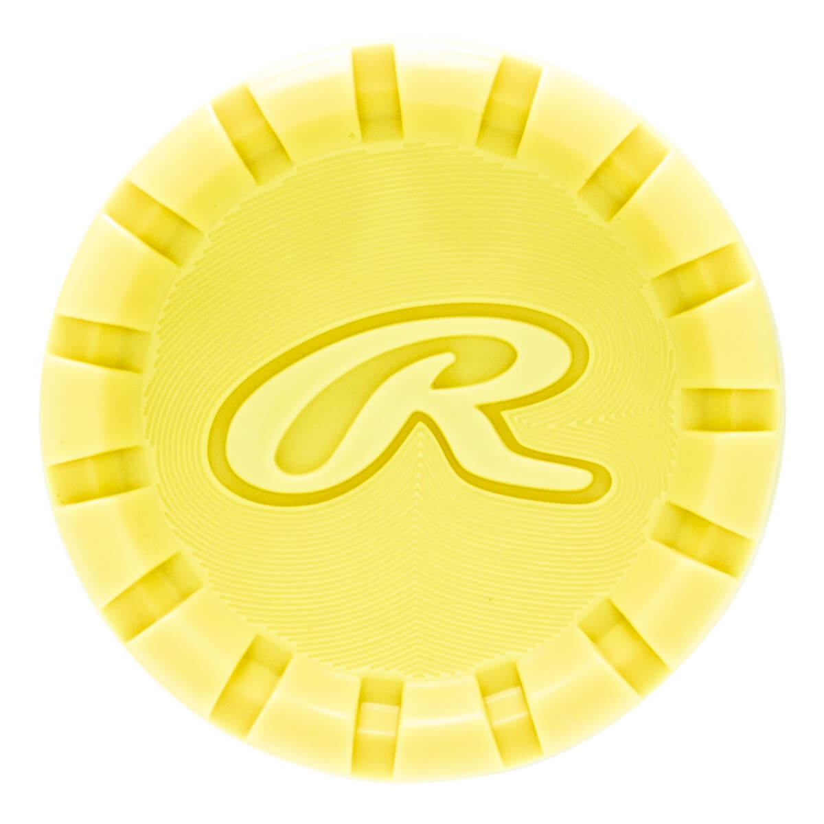 Top-down view of a yellow bat end cap with a raised Rawlings R logo, a subtle concentric ring texture, and a ribbed outer edge.