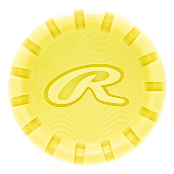 Top-down view of a yellow bat end cap with a raised Rawlings R logo, a subtle concentric ring texture, and a ribbed outer edge.