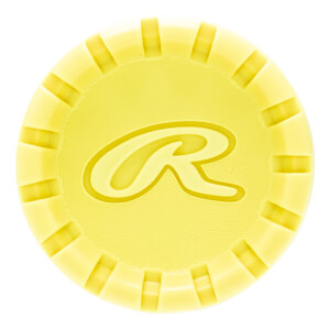 Top-down view of a yellow bat end cap with a raised Rawlings R logo, a subtle concentric ring texture, and a ribbed outer edge.