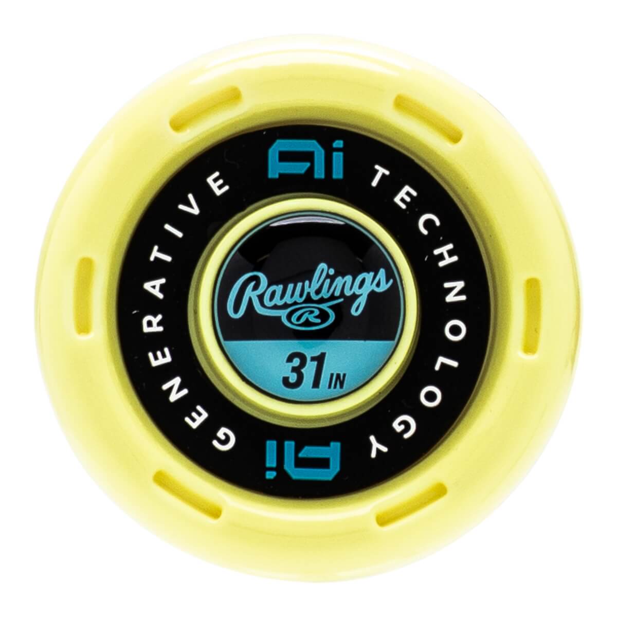Top-down view of a yellow bat end cap with a black center, Rawlings logo, 31 IN, and GENERATIVE AI TECHNOLOGY text.