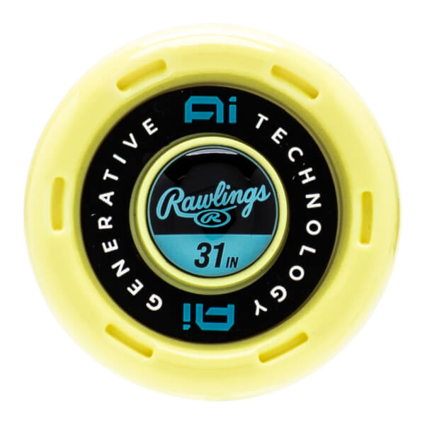 Top-down view of a yellow bat end cap with a black center, Rawlings logo, 31 IN, and GENERATIVE AI TECHNOLOGY text.