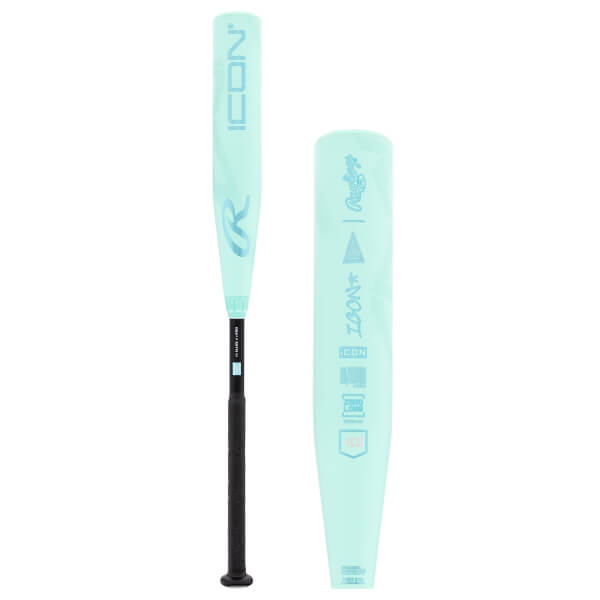 Side views of a mint green baseball bat, showing ICON branding, a Rawlings R logo, and a black grip.