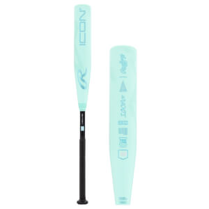 Side views of a mint green baseball bat, showing ICON branding, a Rawlings R logo, and a black grip.