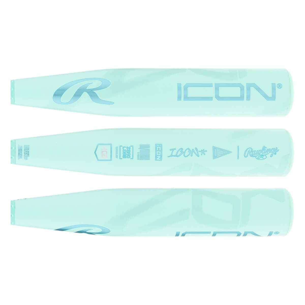 Multiple surface views of a light blue baseball bat with Rawlings R logo, ICON text, and Rawlings branding.