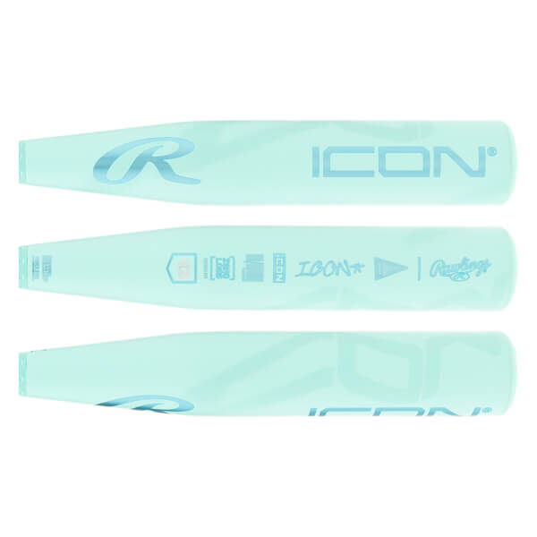 Multiple surface views of a light blue baseball bat with Rawlings R logo, ICON text, and Rawlings branding.