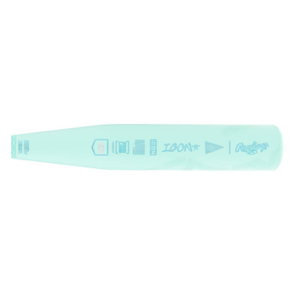 Barrel view of a light blue baseball bat with ICON text, Rawlings logo, and USA Baseball stamp.