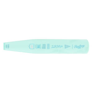 Barrel view of a light blue baseball bat with ICON text, Rawlings logo, and USA Baseball stamp.