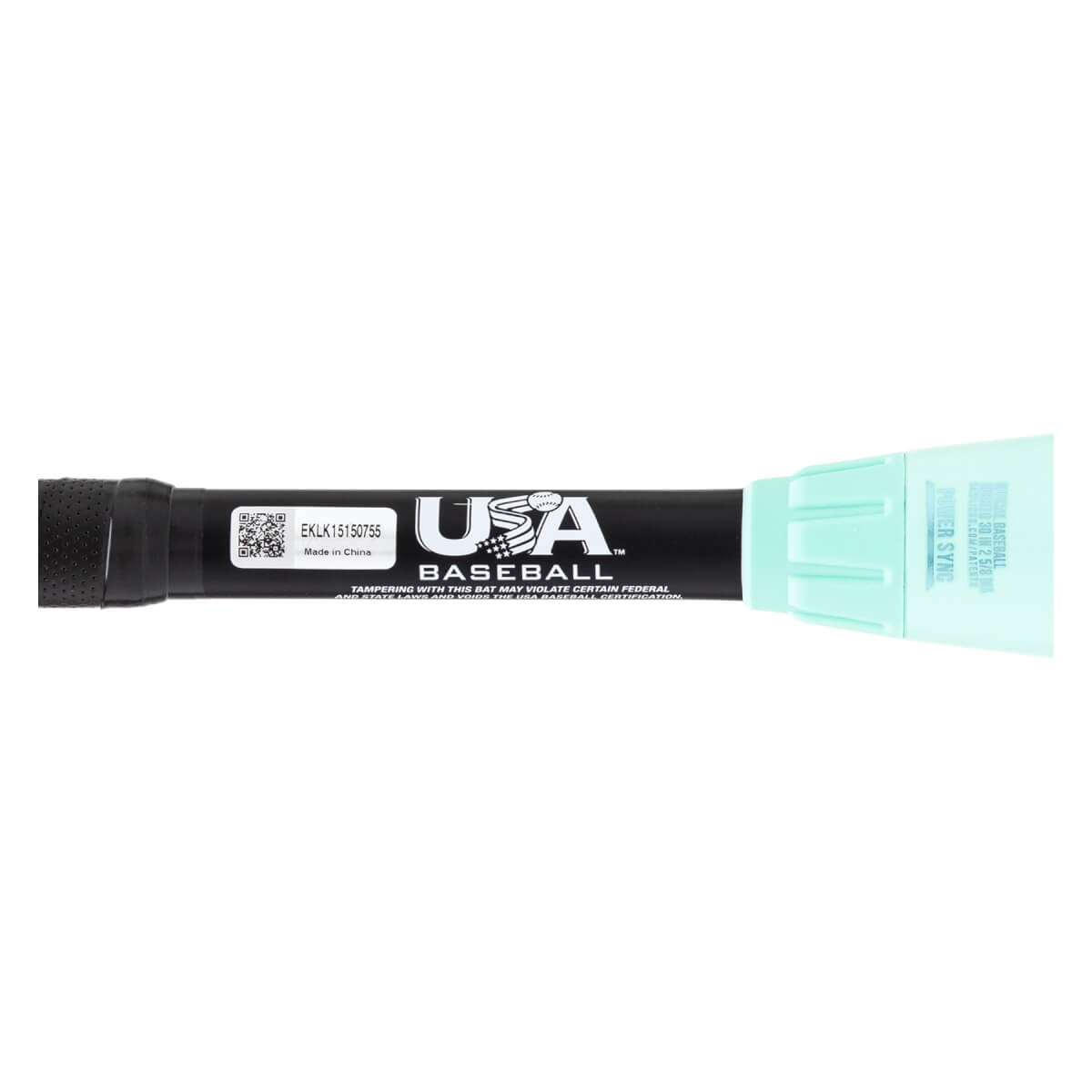 Side view of a black baseball bat handle with a textured grip, USA Baseball logo, and light blue protective cover.