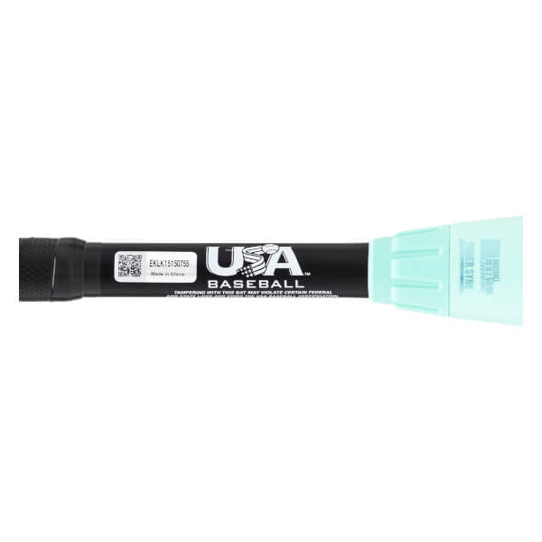 Side view of a black baseball bat handle with a textured grip, USA Baseball logo, and light blue protective cover.
