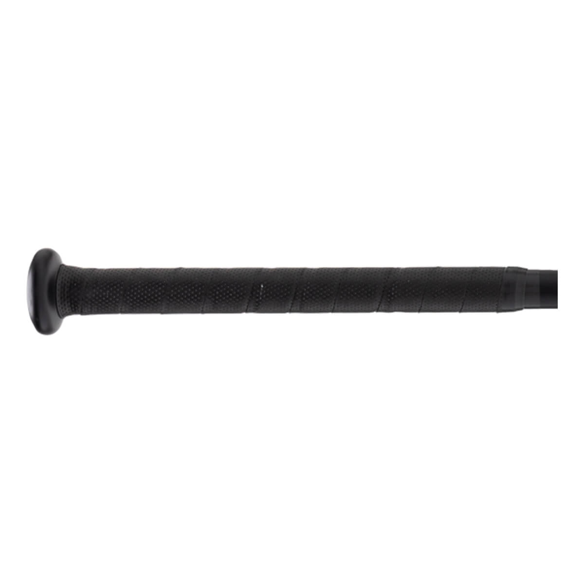 Close-up of a black baseball bat handle with a textured grip tape and a rounded knob.