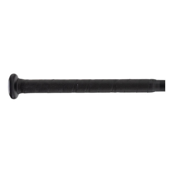 Close-up of a black baseball bat handle with a textured grip tape and a rounded knob.