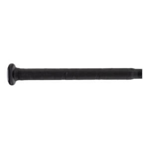 Close-up of a black baseball bat handle with a textured grip tape and a rounded knob.