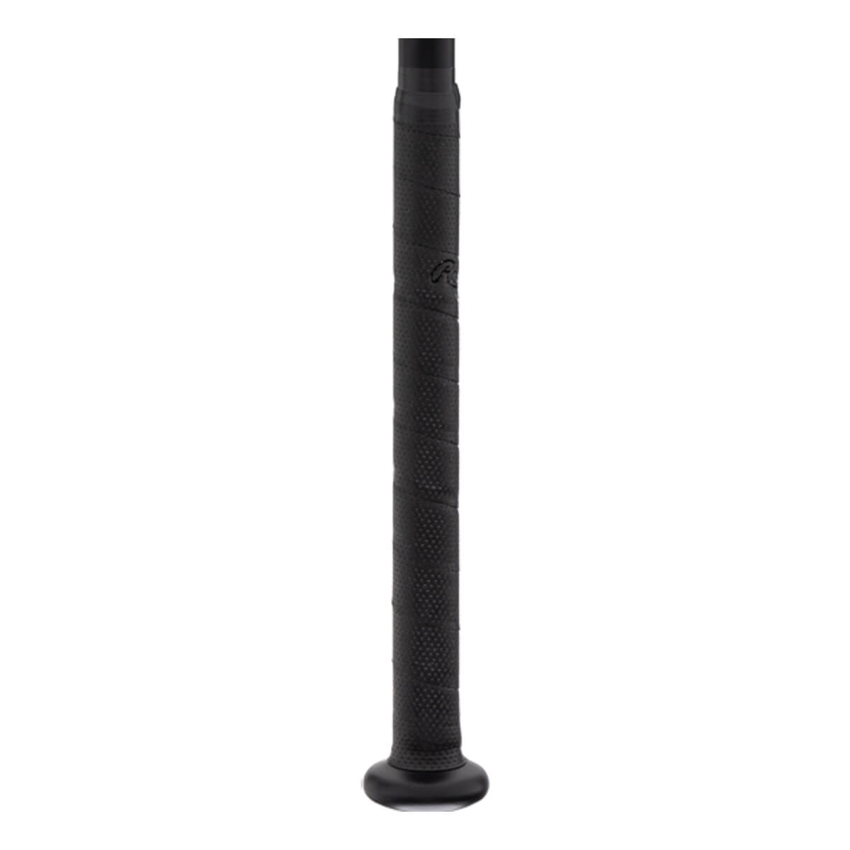 Close-up of black baseball bat handle with textured wrapped grip, subtle R logo, and black knob.
